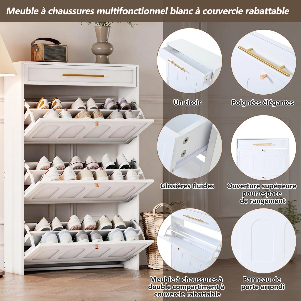 Mobile portascarpe moderno compatto con 12 ripiani e 2 cassetti in MDF bianco