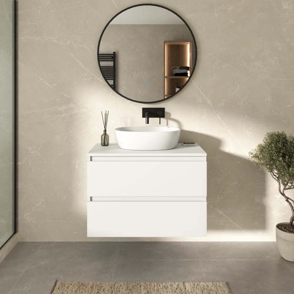 Mobile bagno sospeso 60cm due cassetti bianco opaco con top | Hexa