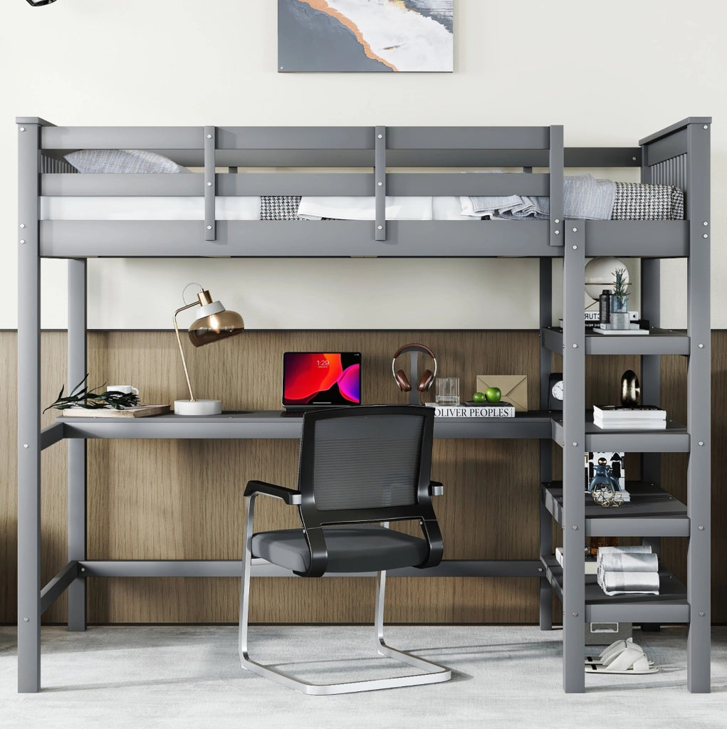 Letto a soppalco 90x200 cm grigio con scrivania e ripiani