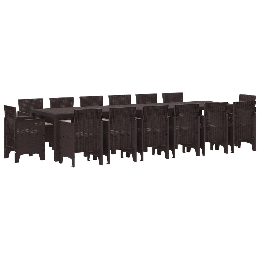Set da Pranzo Giardino 15 Pezzi con Cuscini Marrone Polyrattan