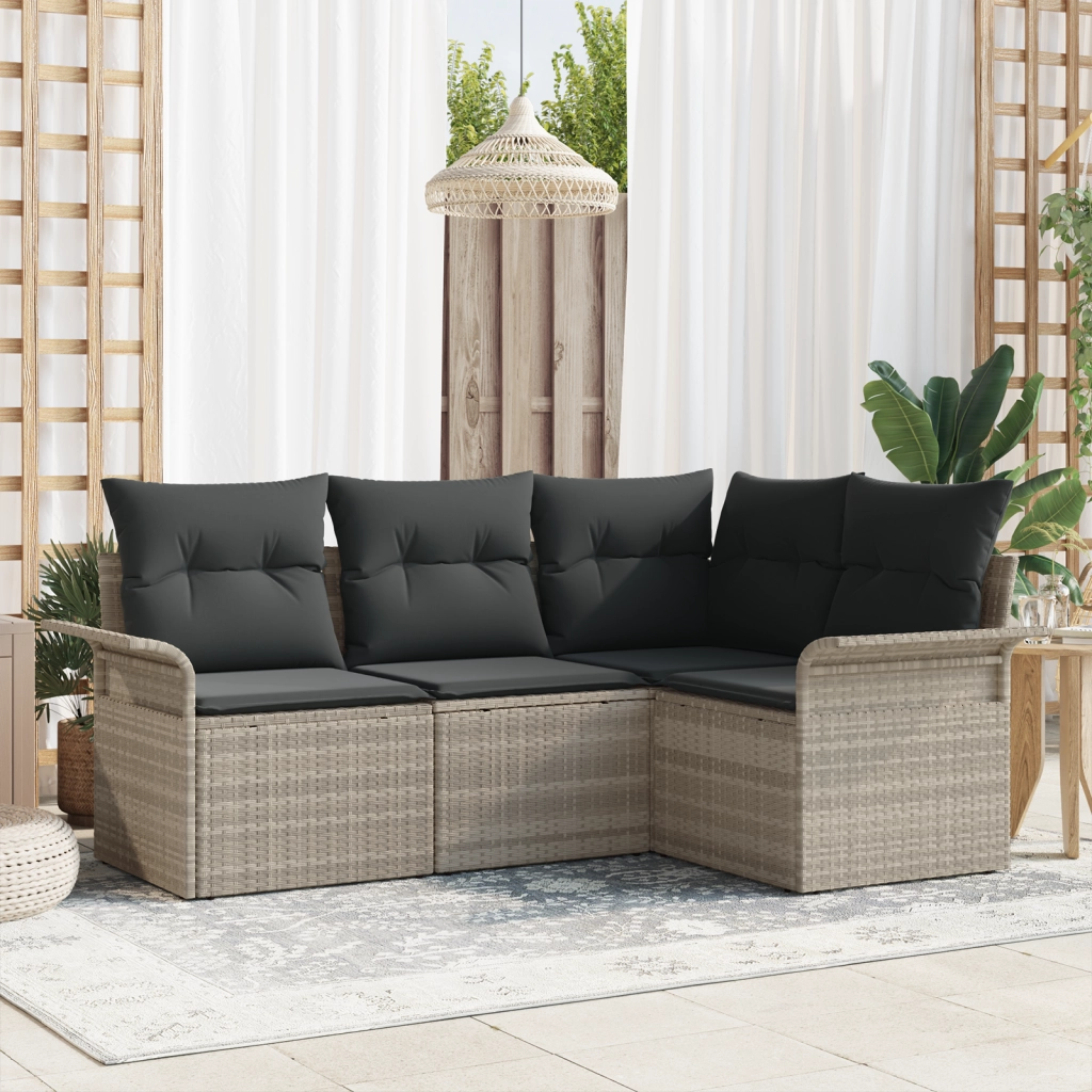 Set divano da giardino a 4 pezzi con cuscini grigio chiaro in rattan poliestere