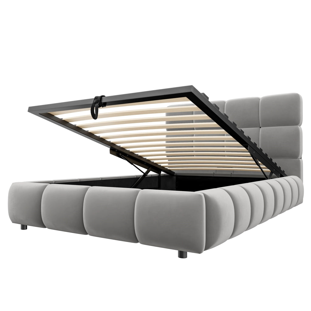 DESMIU Letto imbottito 90 × 200 cm 1 posto con contenitore idraulico e striscia LED regolabile, senza materasso, in velluto, grigio