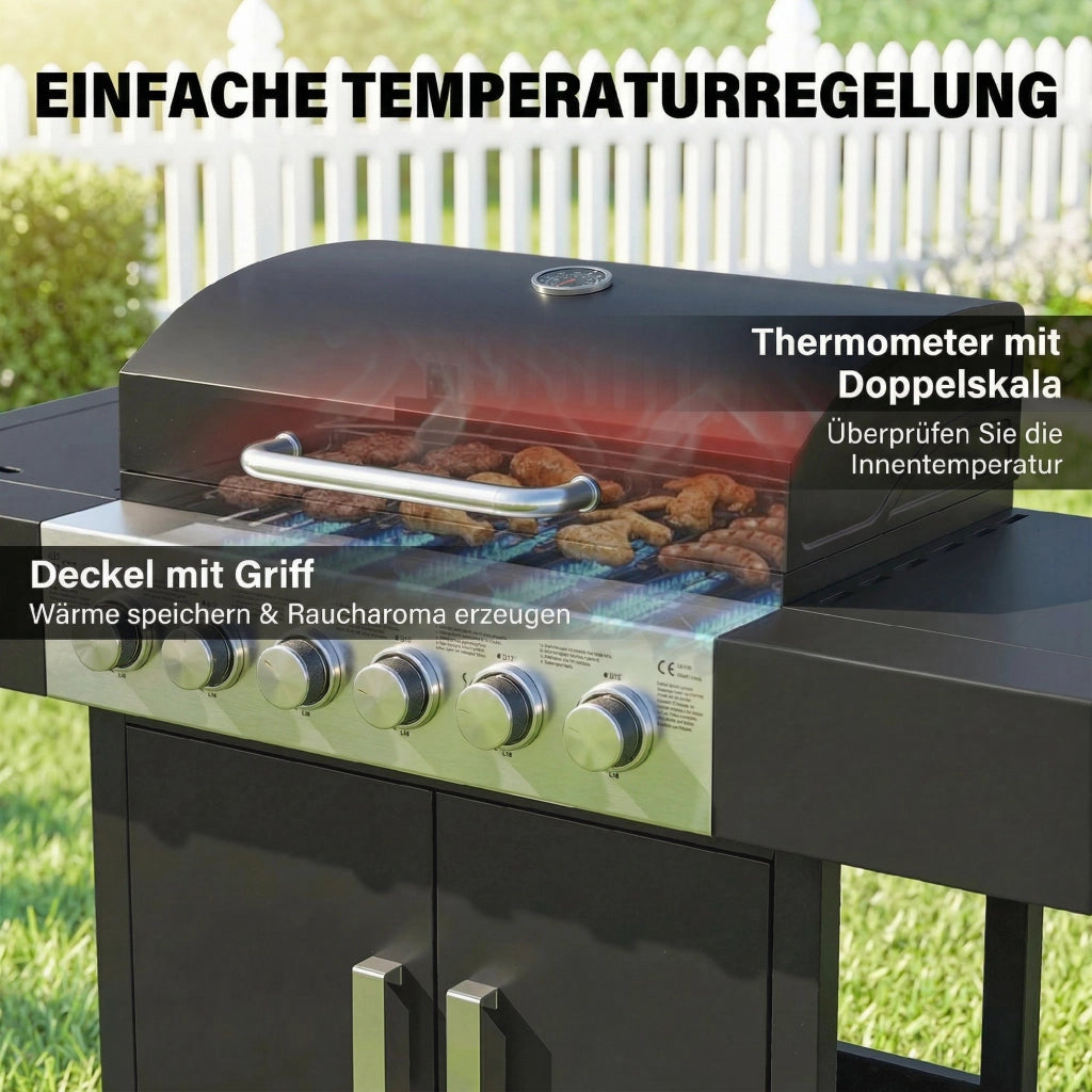 Barbecue a gas 6+1 bruciatori 17,8 KW ¨C Minimal ¨C Griglia in acciaio inox con rotelle e termometro