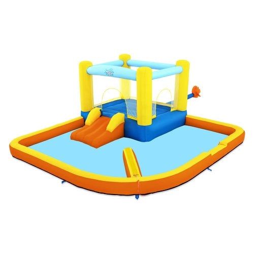 Bestway piscina parco acquatico beach bounger mis.365x340x152 cm, poliestere rivestito in pvc, mini scivolo a una corsia, spruzzatore d'acqua, include soffiatore d'aria, picchetti per l'ancoraggio, borsa per il trasporto - 53381