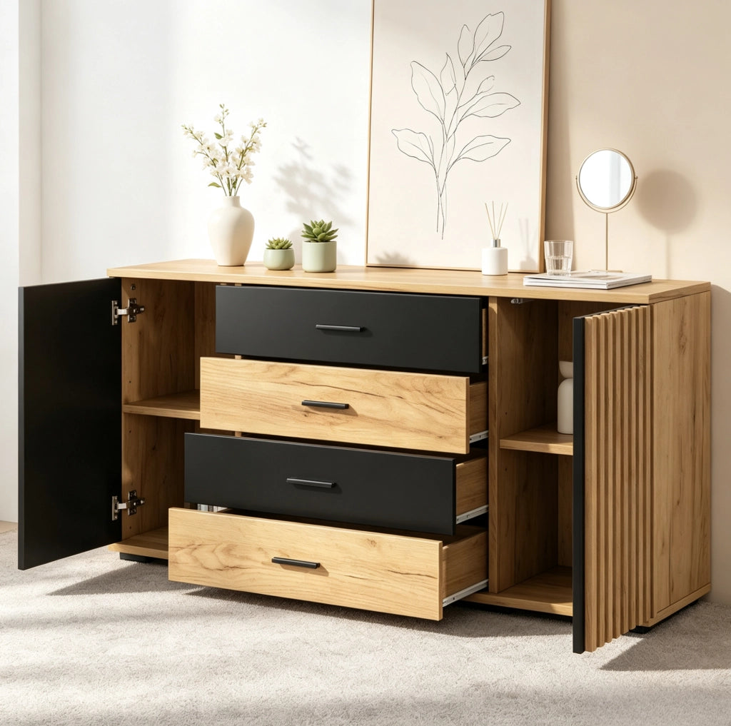 Credenza 140x35x70 cm in MDF, 4 cassetti e 2 ante