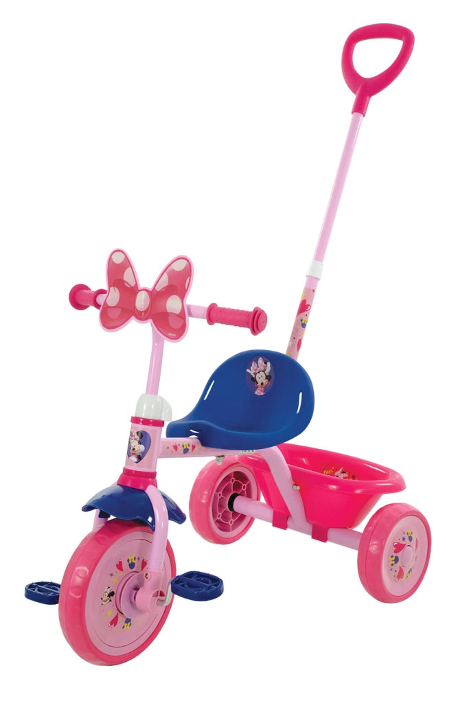 Triciclo a Pedali Primi Passi per Bambini con Maniglione Genitoriale Rimovibile e Vano Contenitore Disney Minnie Rosa