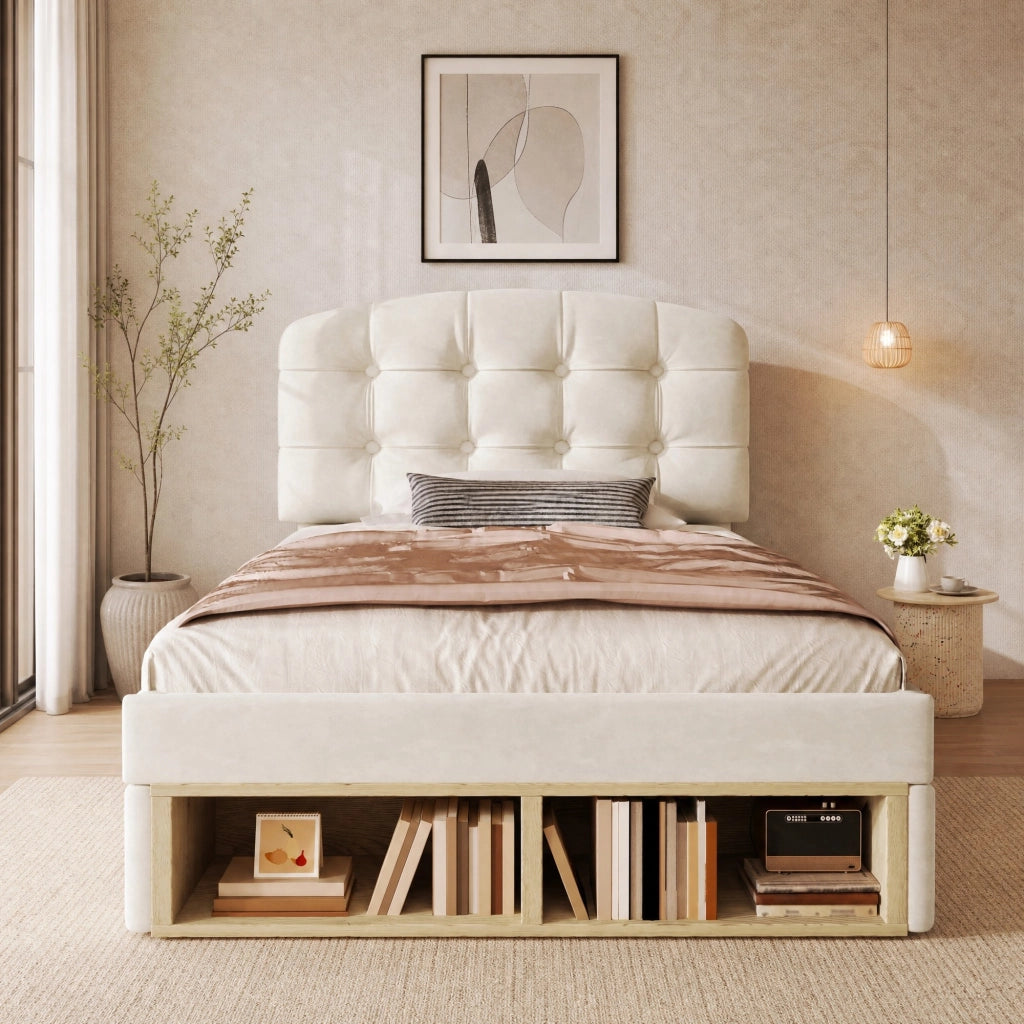 Letto singolo imbottito 90x200 cm in velluto beige con rete a doghe, testiera regolabile e cassetti contenitore