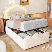 DESMIU Lit simple 90 × 200 cm con vano contenitore idraulico, LED, prese e vani, senza materasso, beige