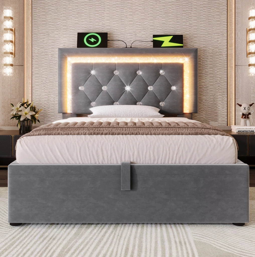 Letto singolo imbottito 90x200 cm con contenitore; LED; USB C e USB; velluto grigio