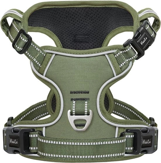 Harnas per cani, harnas per cani grandi, senza sollevamento della coda, clips per avanti e dietro, regolabile, riflettente, harnas anti-pulci per cani con maniglia imbottita, verde, XL