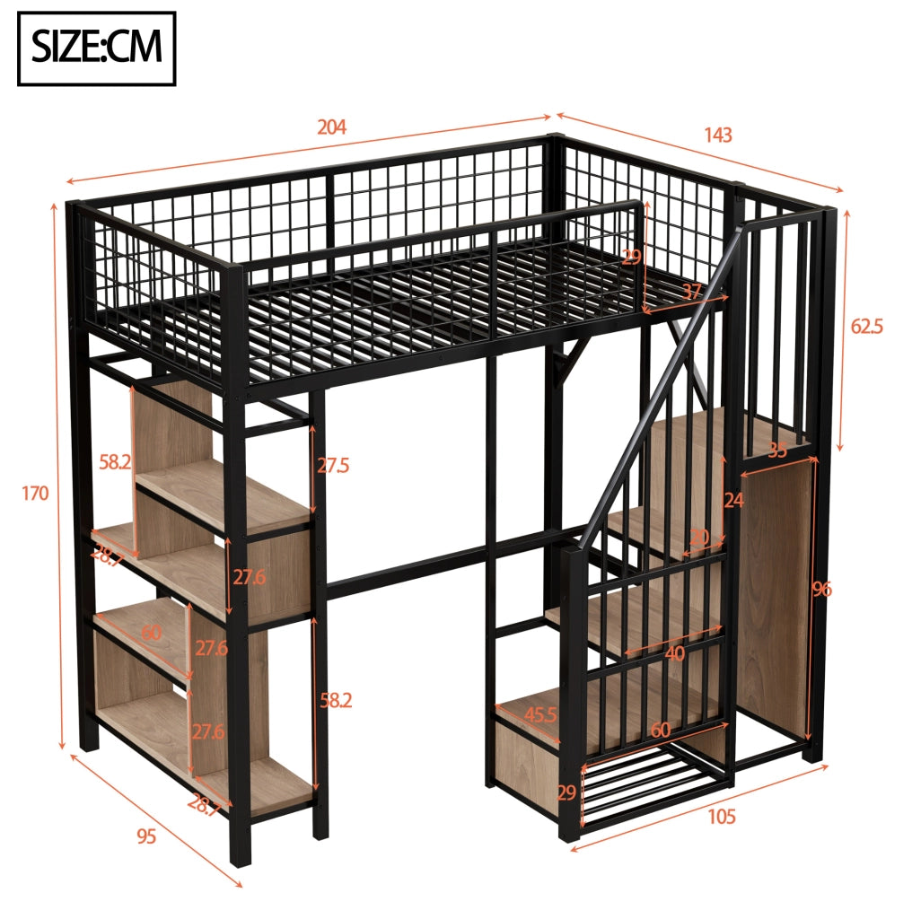 Letto a soppalco 90x200 cm con scala contenitore e vani portaoggetti