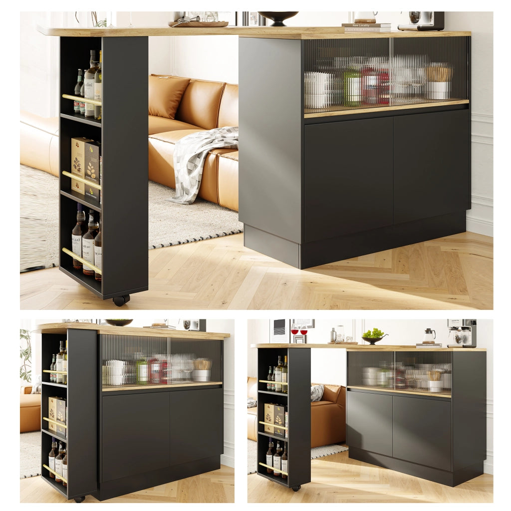 Mobile Bar Girevole a 360° con Ripiani Aperti e Anta Scorrevole in Vetro per Cucina e Sala da Pranzo in MDF Nero