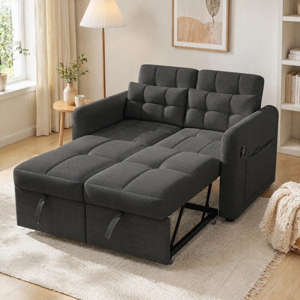 Divano letto 3-in-1 grigio con schienale reclinabile, porte USB e tasche laterali