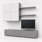 Parete Attrezzata Mobile Soggiorno Moderno Con Base TV 2 Ante Pensile 4 Ante e 2 Mensole Design Contemporaneo in Melaminico Facile da Pulire 200 x 194 x 40 cm Bianco e Grigio Cemento