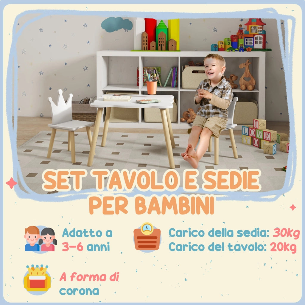Set Tavolo con 2 Sedie per Bambini Corona Bianco