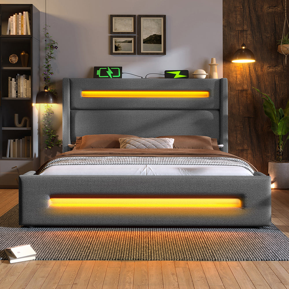 Letto matrimoniale-Xylo-160x200 cm-LED, USB-C, idraulico, metallo, lino, grigio