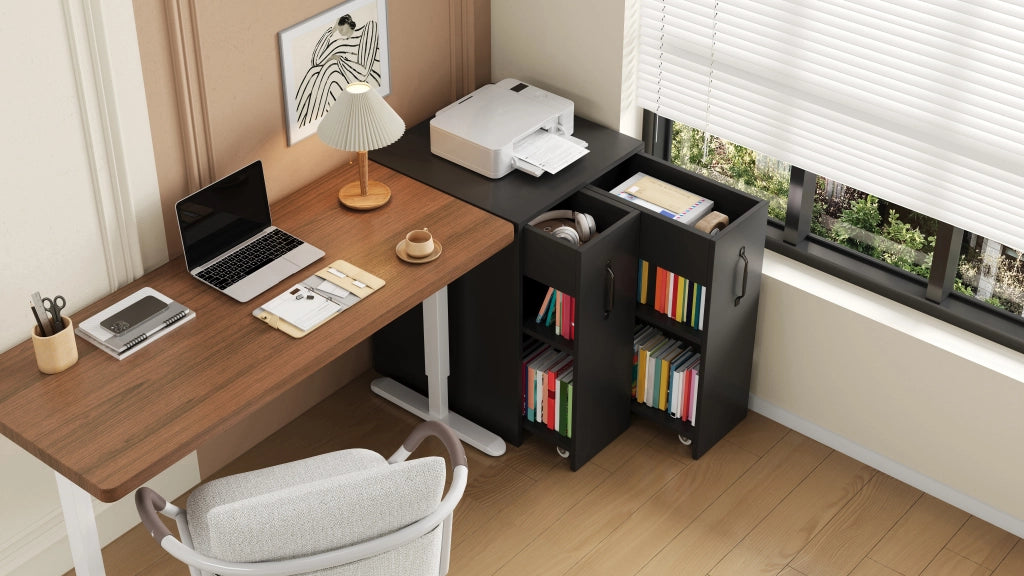 Libreria mobile con 2 cassetti estraibili, 3 ripiani e ruote, per ufficio e soggiorno, in truciolare nero, 52 × 50 × 75 cm
