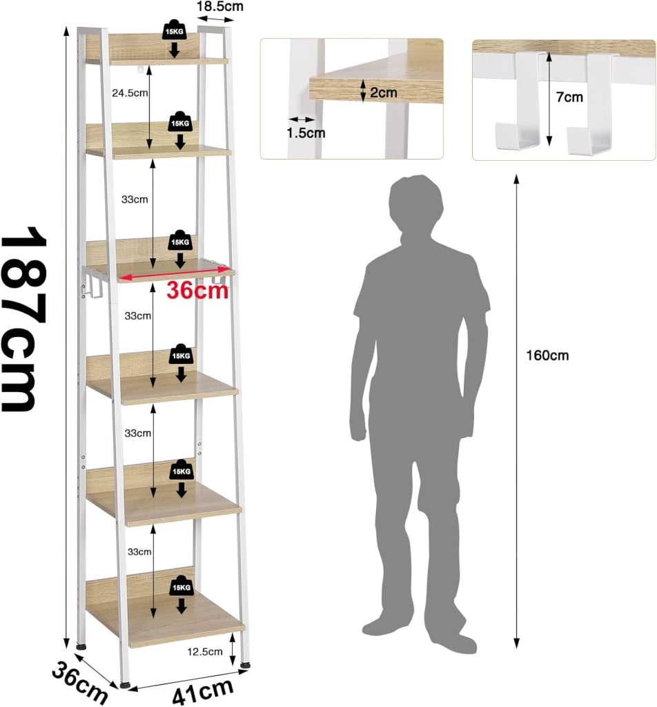 Libreria a 6 Ripiani, Scaffale con 4 Ganci Industriale, Scaffale a Scala in MDF e Metallo per Soggiorno, Cucina, Studio, Ufficio,Bianco, 41x36x187cm RGB30whe