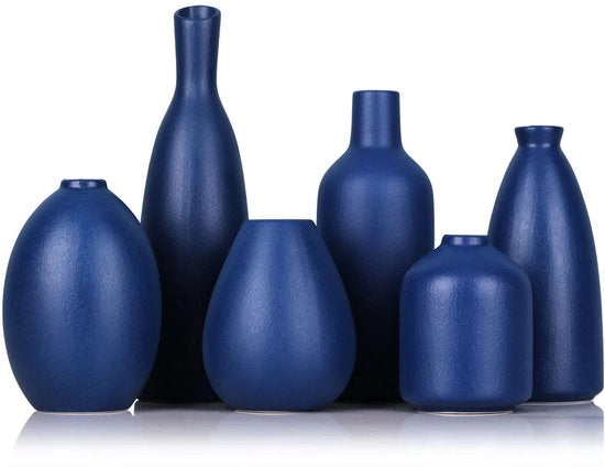 Set di 6 vasi ceramici blu, decorazione rurale, decorazione di camino, decorazione di mensola e parete, decorazione di soggiorno, ingresso, bagno e ufficio, decorazione di tavolo salotto, vasi in lotti