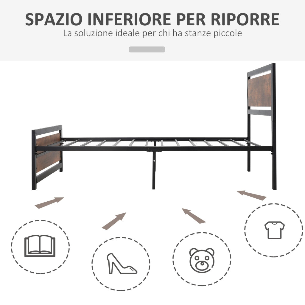 Struttura Letto Singolo 90x200 cm in Acciaio con Doghe Integrate Nero e Marrone Rustico