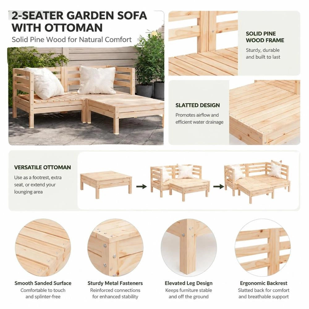 2-seater Garden Sofa With Footstool, Solid Pine Wood