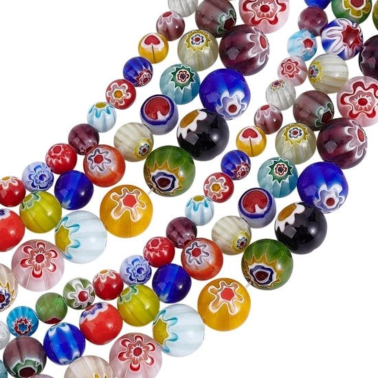 Collana a Millefiori con Fiori in Vetro - 150 Pezzi - Diametri 10/8/6 mm - Manufatti in Vetro Handmade
