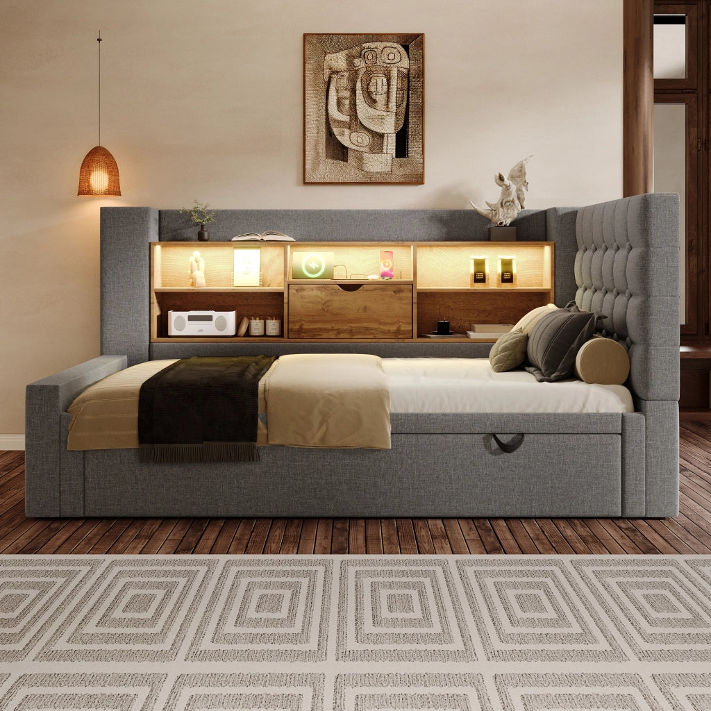 Letto con contenitore e letto estraibile lino metallo 90x200 cm