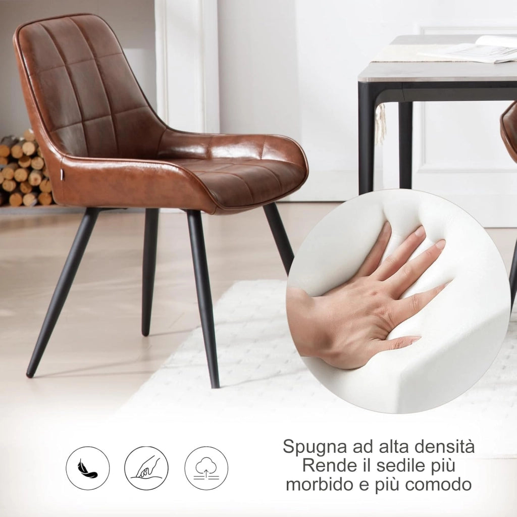 Set di 6 Sedie da Pranzo con Schienale Curvo, Sedie Ergonomiche in similpelle e Metallo, Poltroncina imbottita per Salotto, Ufficio, Camera da Letto, marrone BH332br-6