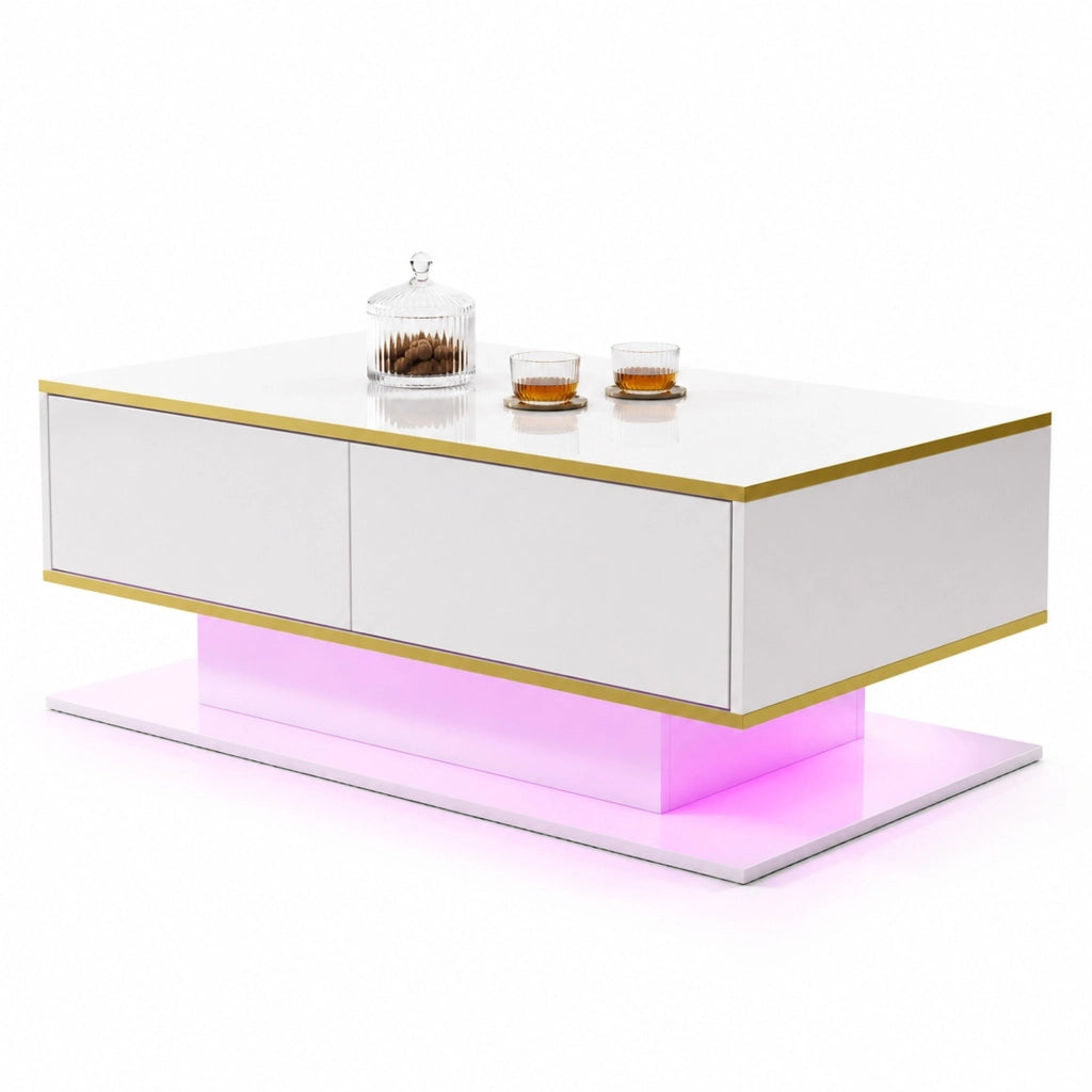 Tavolino da caffè con LED e 3 cassetti 100x50x40 cm in truciolare bianco con dettagli oro