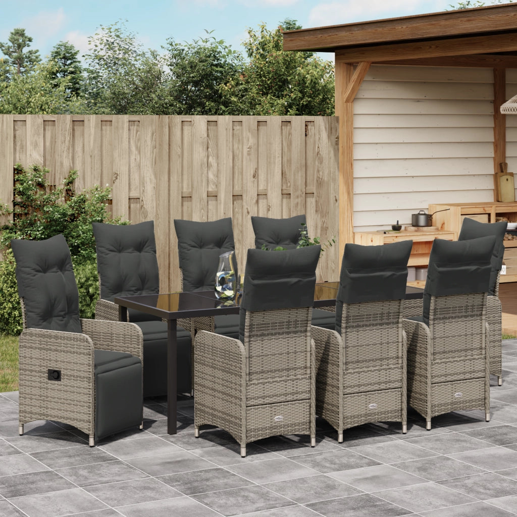 Set da pranzo da giardino 9 pezzi con cuscini in polirattan grigio
