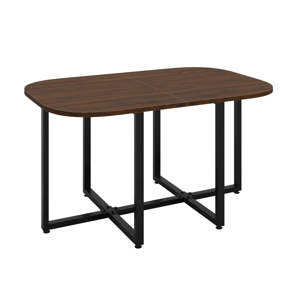 Set da pranzo con finitura effetto legno, composto da 6 sedie in tessuto di lino e un tavolo da pranzo (140 x 90 cm), beige e noce