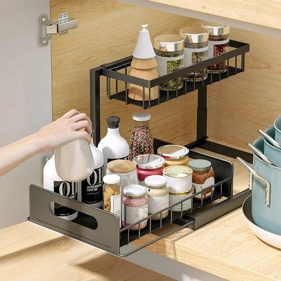 Organizzatore per cucina con lavello metallico, contenitore con cassetto, piastra sotto la cucina, ripiano per spezie e accessori per la cucina