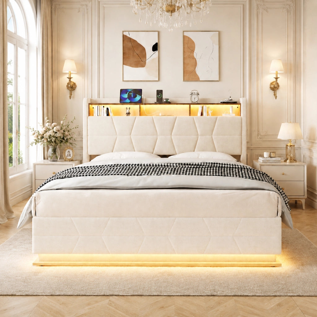Letto contenitore 140 × 200 cm 2 posti con LED, ripiani, USB e Type-C, senza materasso, velluto beige