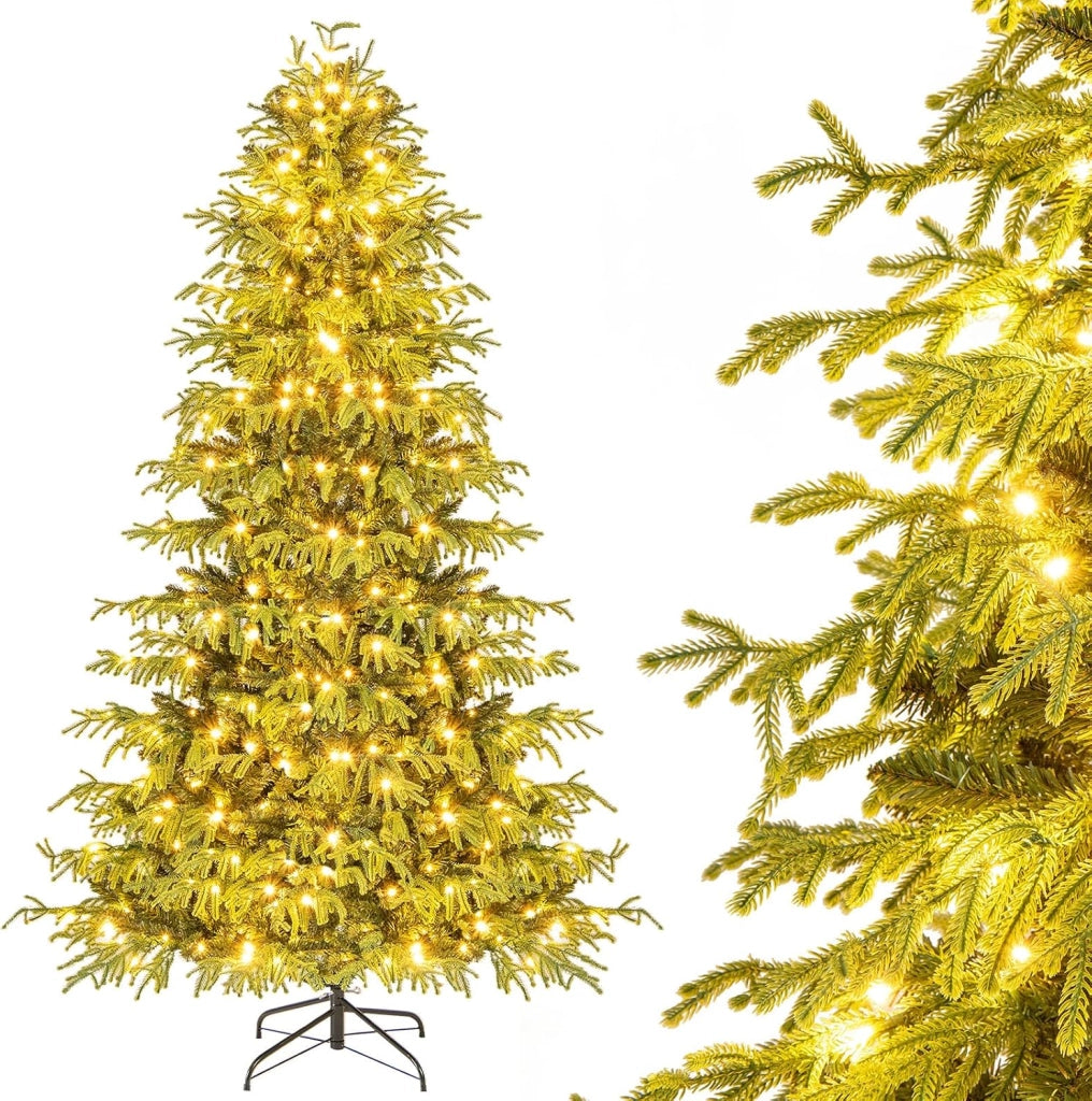 Albero di Natale 210 cm, Albero di Natale Pre-illuminato con 370 Luci LED Bianco Caldo, 1090 Punte di Rami & Base in Metallo Pieghevole, Decorazione Natalizia (210 cm)