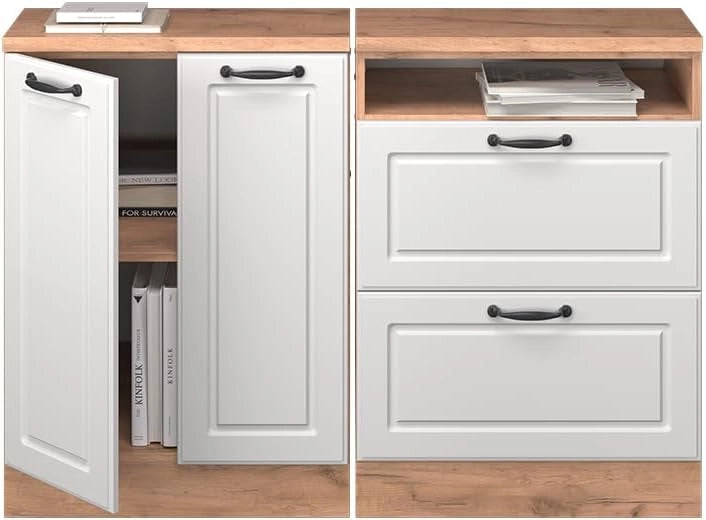 Set di mobili sottotetto Rion, Bianco casa di campagna, 120 cm Set di 2 carcasse armadio profondità 60 cm, adatto per il salvaspazio sotto tetti spioventi