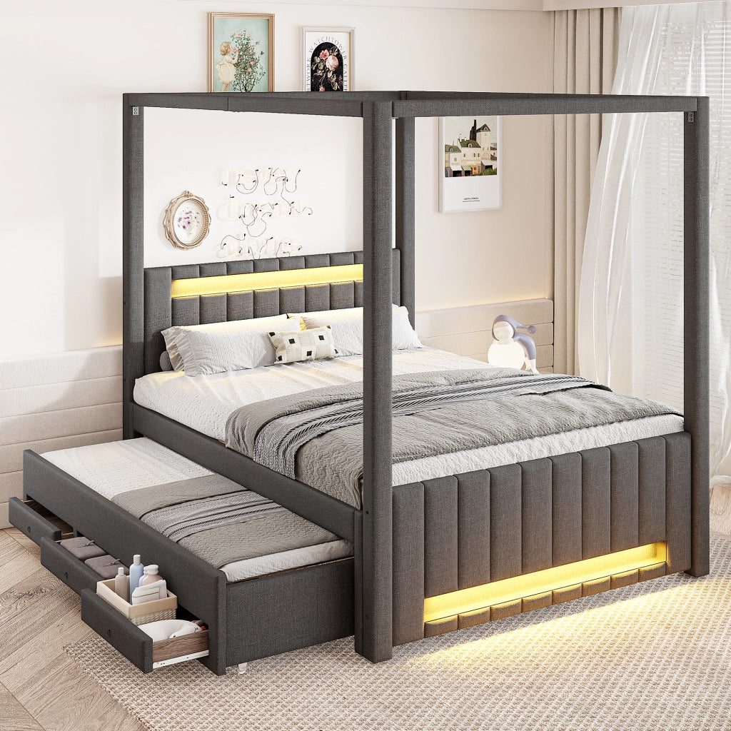 LETTO A BALDACCHINO 140x200 cm Grigio in lino e MDF con letto estraibile, cassetti e LED