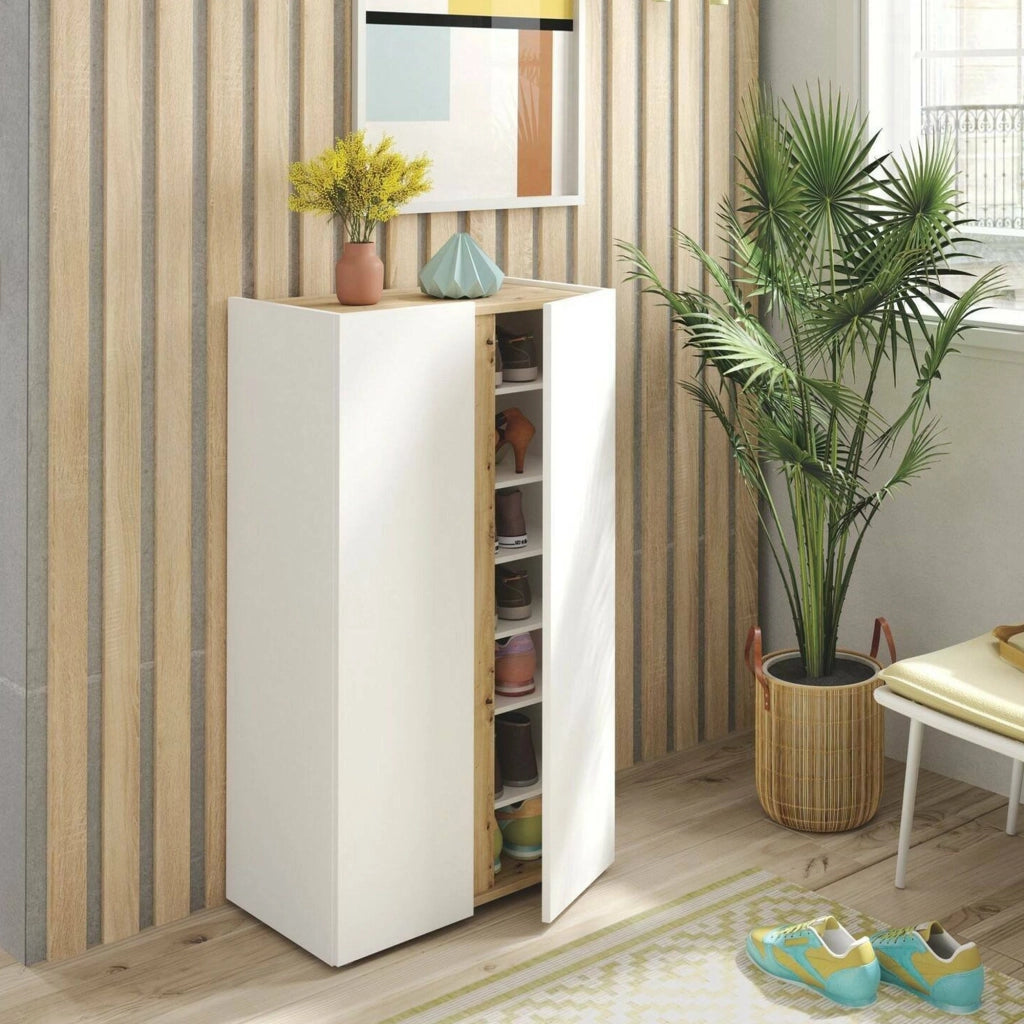 Scarpiera Gotto, Mobile portascarpe, Armadio da ingresso multiuso, Mobiletto per calzature, 57x35 h102 cm, Bianco e Rovere Nodi