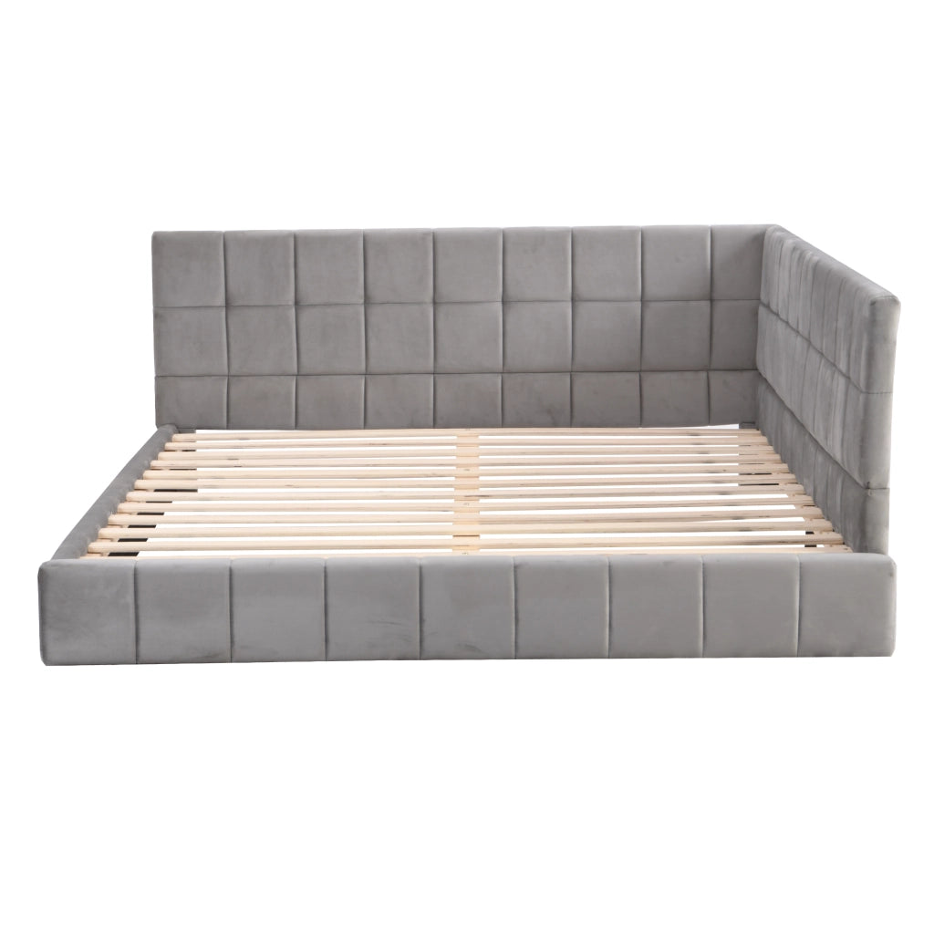 Letto da giorno imbottito 140x200 cm in tessuto con rete a doghe, design Mid-Century, grigio