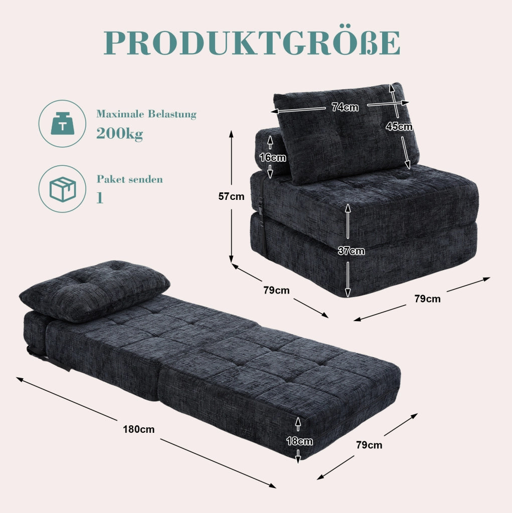 Divano letto pieghevole in chenille nero 79x180x18 cm; con cuscino schienale e poggiatesta
