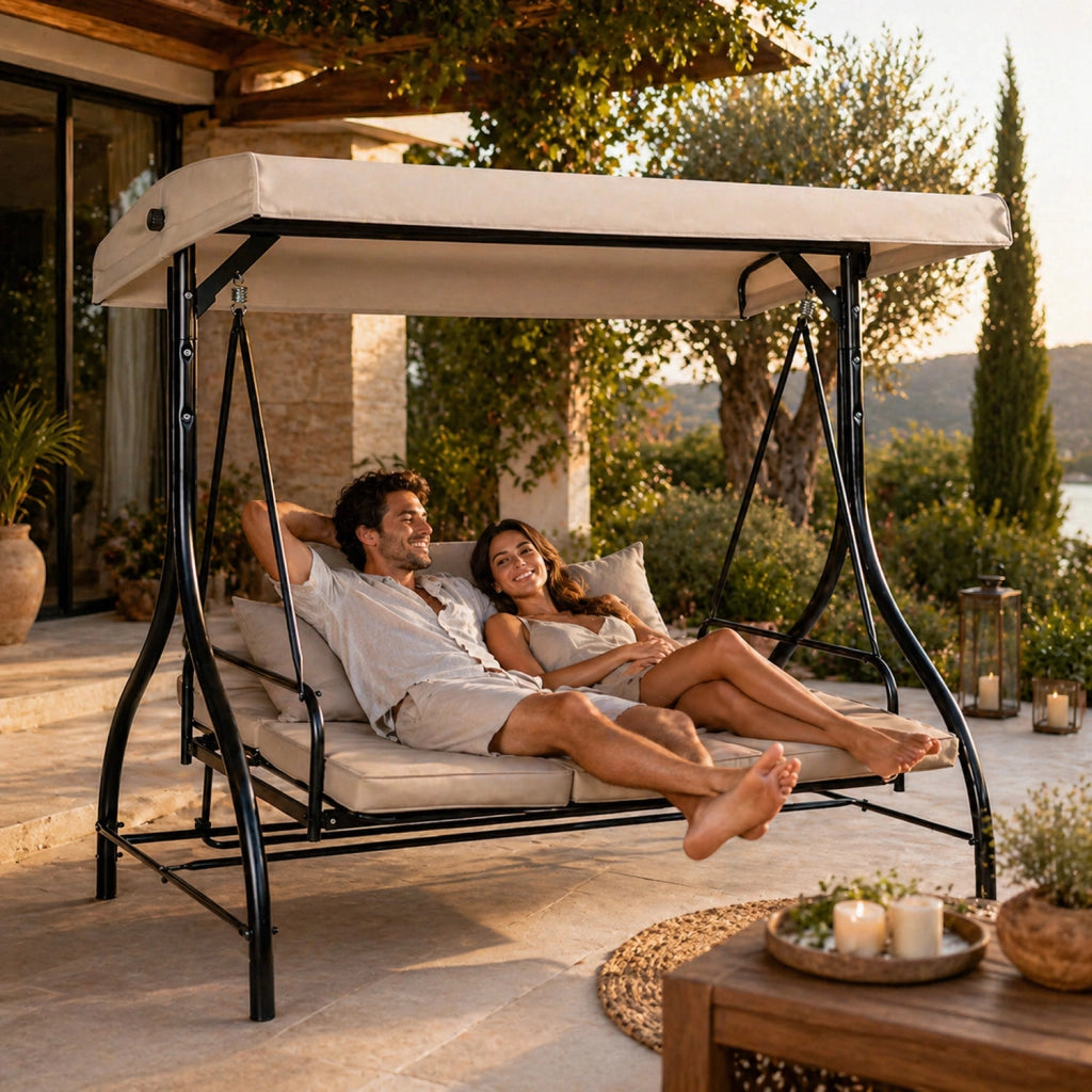 Dondolo Da Giardino 3 Posti Con Parasole E Seduta Reclinabile Trasformabile In Letto Struttura In Acciaio 195 x 120 x 175 Cm Beige
