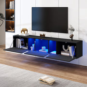 Mobile porta TV sospeso con LED e 3 ante, 5 vani contenitore, per soggiorno, in truciolare, nero, 180 × 35 × 30 cm