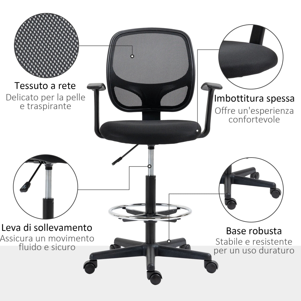 Sedia Poltrona Operativa da Ufficio 60x56x110-132 cm in Tessuto a Rete Nera