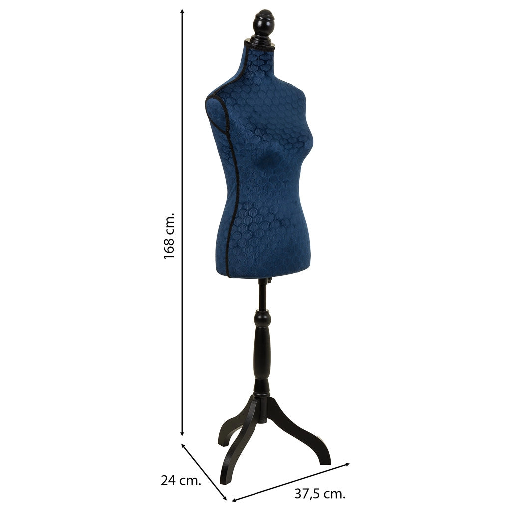 Manichino in legno e schiuma rivestito in tessuto blu 24x37,5x168h