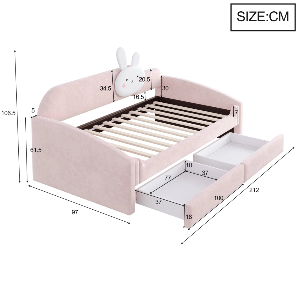 Letto imbottito 90x200 cm con LED e cassetti in velluto rosa