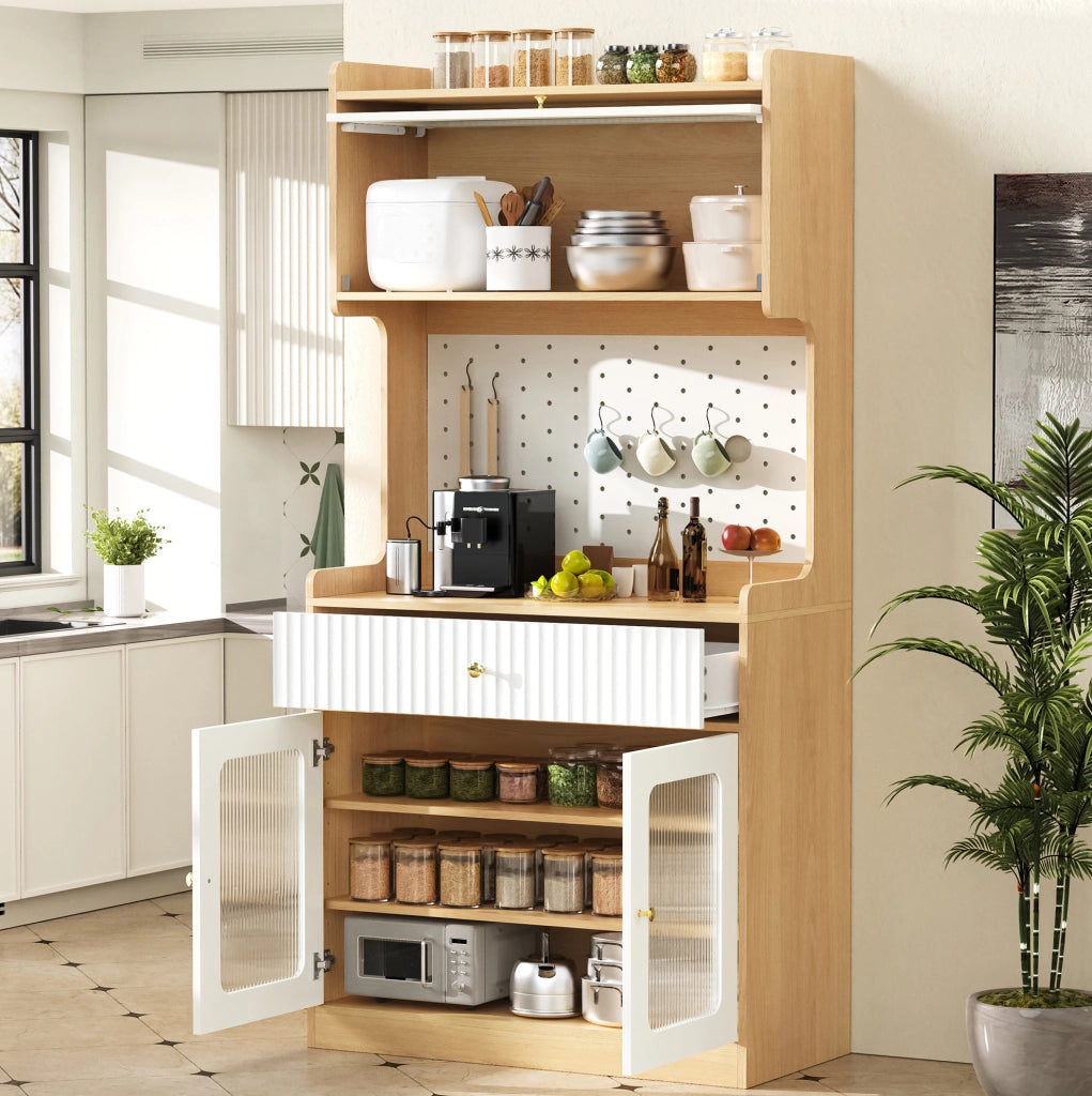 Credenza 80x40x180 cm con ripiani regolabili; cassetto; illuminazione LED; MDF e pannello truciolare; naturale e bianco