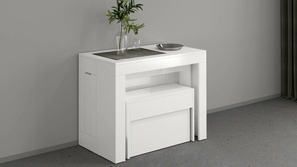 Panca Yutu, Seduta per tavolo da pranzo, Panca singola allungabile, 290x25h45 cm, Bianco lucido