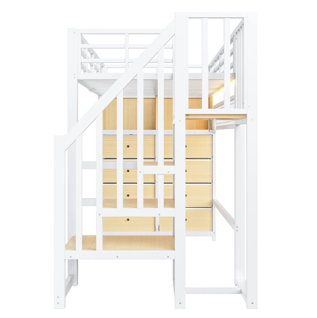 Letto a soppalco 90x200 cm con 8 cassetti, LED e scala in MDF e metallo bianco