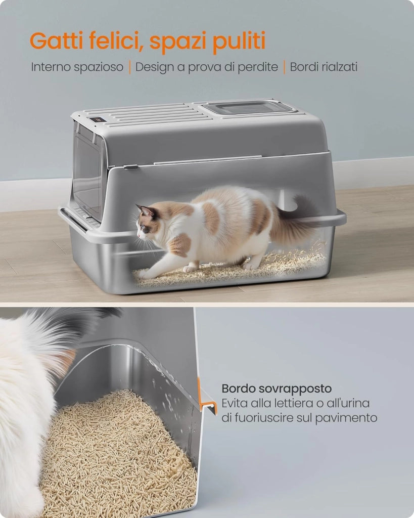 Feandrea Lettiera per Gatti in Acciaio Inox, Toilette per Gatti fino a 15 kg con Coperchio, con Paletta, Tappetino per Lettiera e 2 Ingressi, Grigio Tortora PPT007GN01