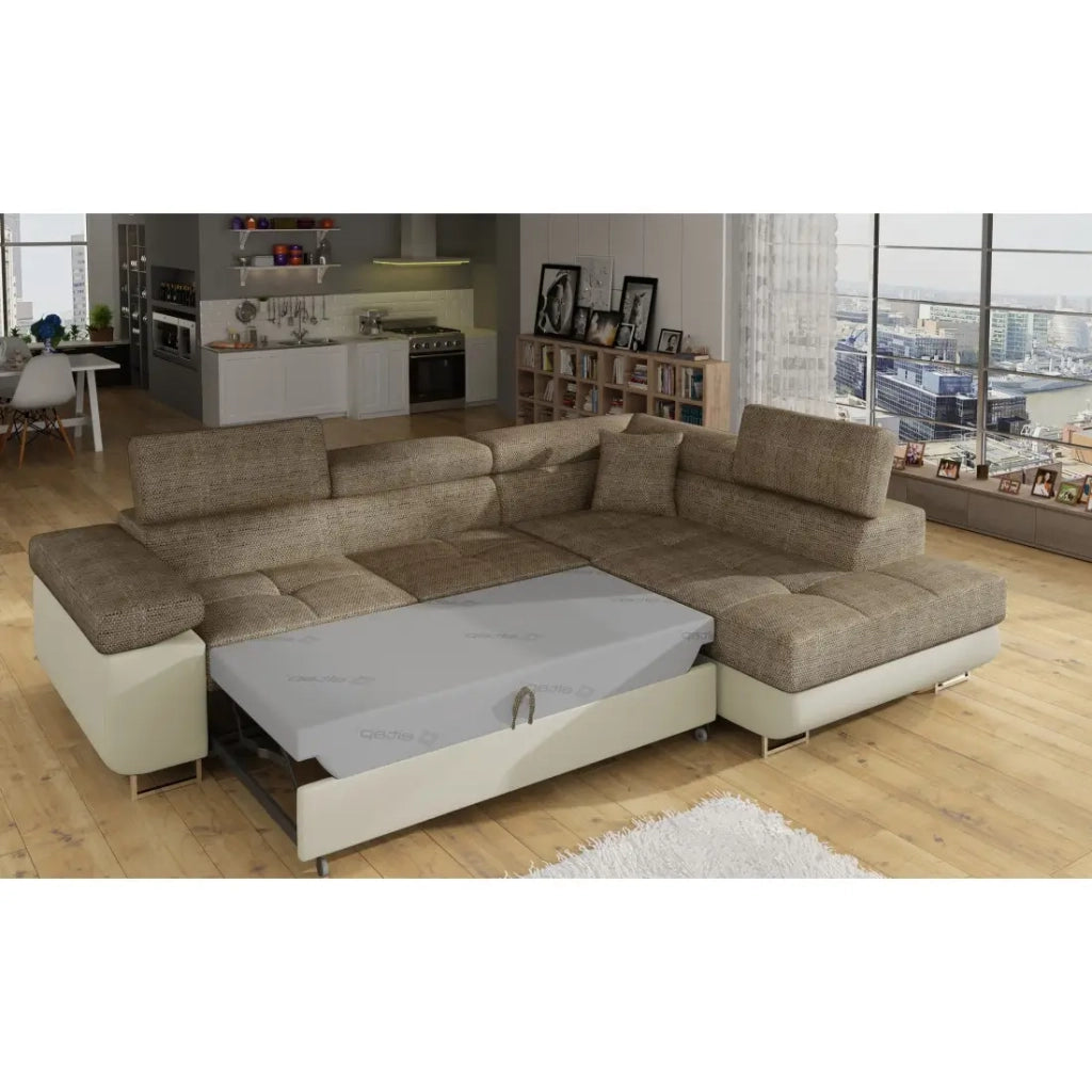 Divano ad angolo convertibile MENTON beige bouclé – 4 posti con vano contenitore e poggiatesta