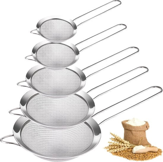 Set di Setacci RVS - Colapasta 5 Delli - Setaccia per Cucina - Setaccia per Insalata - Setaccielli - Ø 7/8/10/12/14 - Setaccio Fino - Per lo Scolamento e l'Asciugatura e la Pulizia delle Verdure